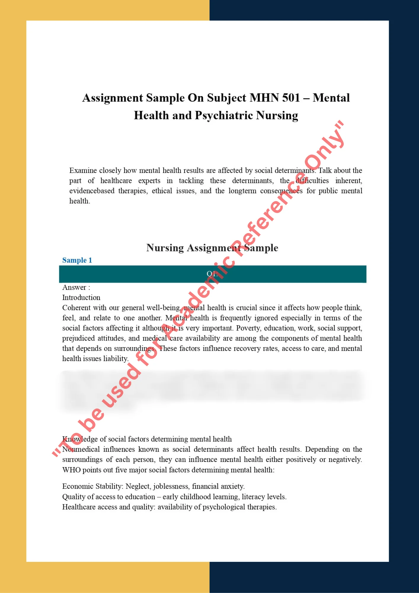 Assignment Sample On Subject MHN 501 – Mental Health and Psychiatric Nursing 0